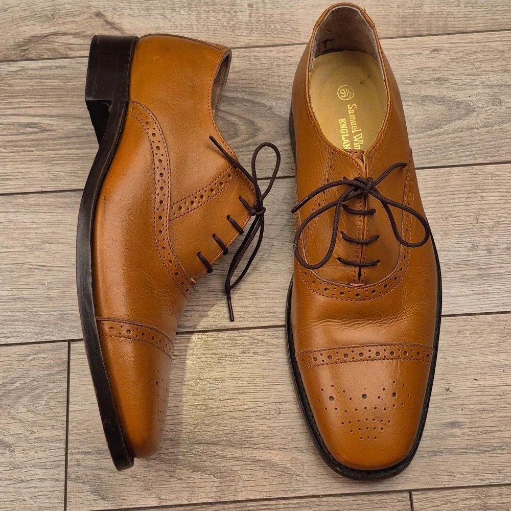 SAMUEL WINDSOR England Lace Up Cap Toe Tan Brown Leather Sz 9.5 Mens Dress Shoes